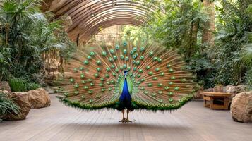vibrant peacock displaying its colorful feathers in lush garden photo