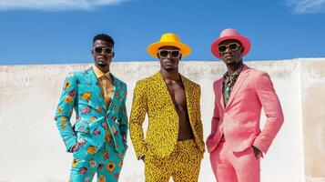 Vibrant suits in bold patterns worn by stylish men against clear sky photo