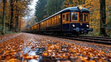 vintage style luxury train traveling through autumn forest landscape photo