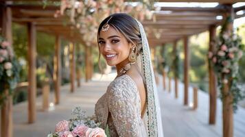 beautiful bride in modern lehenga, smiling with floral bouquet photo