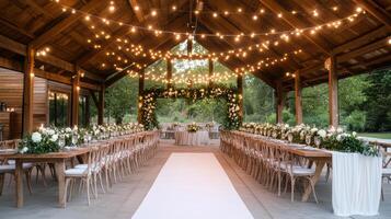rustic wedding reception in barn with elegant decor and string lights photo