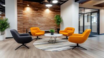 Modern office lounge with orange chairs and wooden wall photo