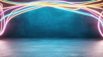 Bright neon wires glow against textured blue background, creating abstract scene photo