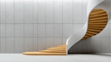 modern spiral staircase with wooden steps and sleek white railing photo