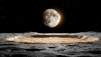 stunning lunar landscape featuring crater and Earth in background photo