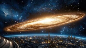 stunning view of galaxy above futuristic cityscape, showcasing beauty of space photo