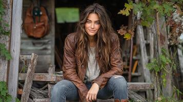 woman in brown leather jacket sits on wooden steps surrounded by greenery, exuding relaxed vibe photo