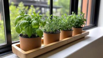 Indoor herb garden with fresh basil, thyme, and parsley on windowsill photo