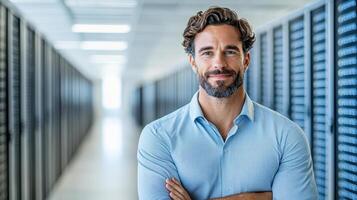 confident IT professional smiling in data center, showcasing expertise photo