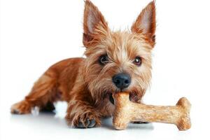playful Berger Picard is captured in frontal view happily chewing on large bone. animal exudes joy and excitement in bright clean indoor setting showcasing its friendly personality photo