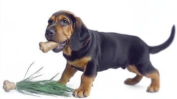 Black and Tan Coonhound puppy stands on clean white surface contentedly chewing on bone. Its playful spirit and shiny coat capture viewer's attention and affection photo