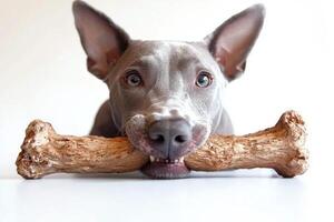 Blue Lacy is happily chewing on rugged bone while resting its head on it. dog's expressive eyes and ears add charm moment in tidy well lit setting photo