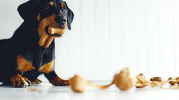 Black and Tan Coonhound is happily chewing on bone while sitting on clean surface. dog displays lively expression engaging in playful activity photo