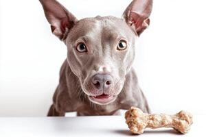 Blue Lacy is seen chewing on bone its attention fully captured treat. clean white background emphasizes dog's features and texture of bone photo
