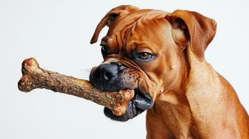 Boxer dog is joyfully chewing on large bone against clean white background. dog's focused expression emphasizes its playful spirit and love for treats photo
