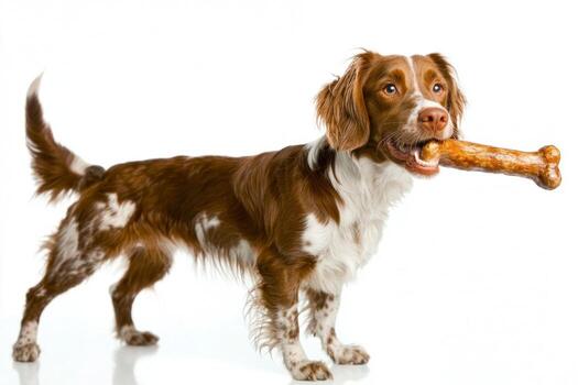 Bretaña spaniel soportes felizmente mientras masticación en grande hueso. sus piel muestra distinto patrones y colores en contra limpiar blanco antecedentes destacando sus juguetón naturaleza foto