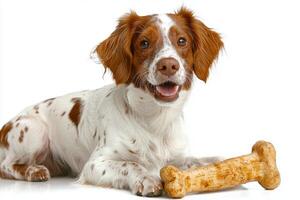 Brittany Spaniel eagerly chews on bone displaying excitement and happiness. dog has shiny coat and joyful expression emphasizing its playful character in clean setting photo
