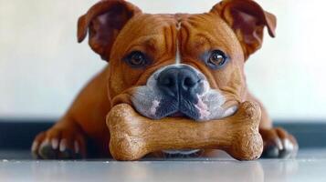 Bulldog sits calmly on white background concentrating on chewing wooden bone. dog's expressive face displays happiness and contentment as it enjoys its favorite toy photo