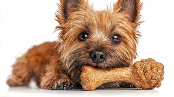 cheerful Cairn Terrier is engrossed in chewing bone focus and excitement. setting is bright and clean highlighting dog's playful nature photo