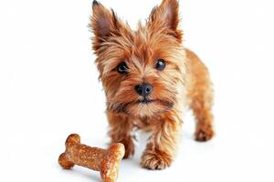 Cairn Terrier is happily chewing on bone its fluffy fur glistening bright lighting. clean white background enhances dog's lively expression and charming demeanor photo
