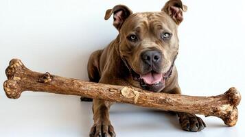 Cane Corso is seated on clean white background joyfully chewing on large bone. Its playful demeanor reflects breed's strong and loyal qualities creating engaging scene photo