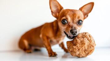 Chihuahua is happily chewing on large bone while sitting on clean white surface. dog's playful demeanor and focus on its treat create engaging moment of joy and activity photo