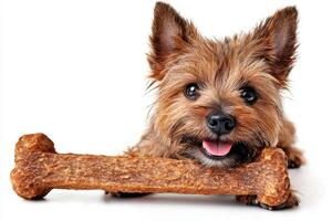 playful Cairn Terrier is happily chewing on large bone showcasing its lively expression and fluffy fur. backdrop is pristine white enhancing pet's features photo