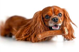 friendly Cavalier King Charles Spaniel is captured in frontal view while happily chewing on bone. clean white background enhances dog's vibrant fur and expressive features photo