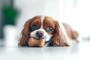 cheerful Cavalier King Charles Spaniel lies contentedly on clean white background happily chewing on delicious bone while gazing playfully camera photo