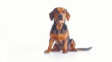 Coonhound sits on clean white surface happily chewing on bone. Its posture reflects joy and contentment as it engages in satisfying activity photo