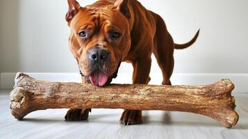 Cane Corso is seen enthusiastically chewing on large bone while standing on clean surface bright white background. dog appears engaged and playful photo