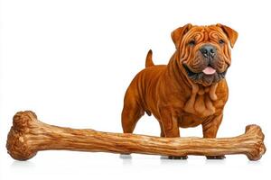 Chinese Shar Pei stands proudly while chewing on large bone. dog appears content and playful against clean white backdrop showcasing its unique wrinkles and texture photo