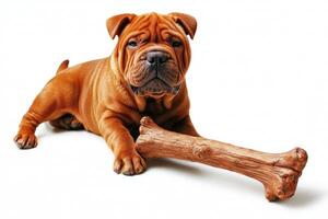 Chinese Shar Pei lies comfortably on clean white background while chewing on large bone. dog displays its characteristic wrinkles and confident posture showcasing its playful nature photo