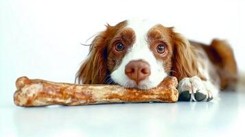 Clumber Spaniel is contentedly chewing on bone showcasing its playful personality against pristine white backdrop. dog's relaxed demeanor highlights its enjoyment of moment photo