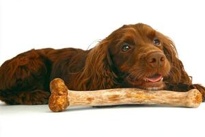 cheerful Cocker Spaniel is enjoying chewing on tasty bone. dog lies comfortably on clean surface highlighting its glossy fur and bright eyes creating inviting atmosphere photo
