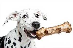 playful Dalmatian is joyfully chewing on large bone showcasing its distinctive black spots on clean white background. dog's expression reflects contentment and enthusiasm photo