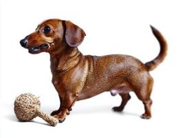 Dachshund enjoys chewing on bone while standing on clean white surface. dog's playful demeanor and distinct features highlight its charming personality and breed characteristics photo