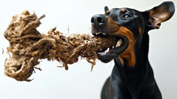 Doberman Pinscher is engaging in playful chewing on large bone showcasing its strong jaw and playful nature in clean bright setting photo