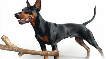 Doberman Pinscher shiny coat is enthusiastically chewing on bone while standing on clean white surface. Its ears are erect and expression is playful photo