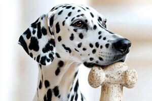 Dalmatian is happily chewing on bone showcasing its distinct black and white spots against simple clean white backdrop. focus is on dog's expression and texture of bone photo