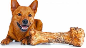 energetic Finnish Spitz is chewing on large bone showcasing its playful demeanor. clean white background highlights dog's vibrant fur and happy expression photo