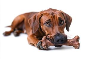 Foxhound is captured in captivating moment while happily chewing on bone. clean white background emphasizes dog's expressive eyes and focus on its treat photo