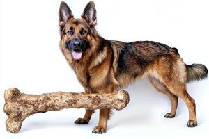 German Shepherd stands proudly enthusiastically chewing on large bone. clean white background highlights dog's vibrant fur and playful demeanor creating striking visual photo