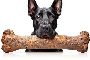Giant Schnauzer enjoys chewing on large bone against pristine white background. breed's distinctive features and playful demeanor are clearly displayed photo