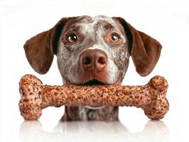 German Shorthaired Pointer sits bone in its mouth showcasing playful demeanor. dog's expression reveals joy as it interacts chew toy. background emphasizes its features photo
