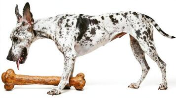 Great Dane stands frontal angle intently chewing on large bone. striking coat features black and white patches highlighting its playful nature on spotless white backdrop photo