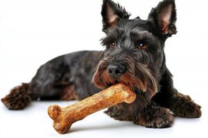 Giant Schnauzer is captured in frontal view as it happily chews on large bone. clean white background highlights dog's playful expression and glossy fur photo