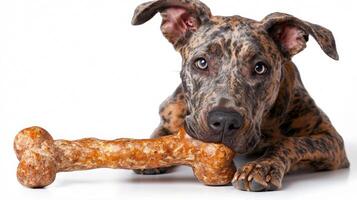 Great Dane is contentedly chewing on large bone while lying down on clean white surface. dog's fur pattern is striking showcasing its playful nature and enjoyment photo