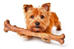 lively Havanese is enthusiastically chewing on large bone. dog's soft fur and bright eyes are highlighted against crisp clean white background showcasing its playful nature photo