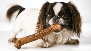 Japanese Chin happily chews on large bone showcasing its beautiful fur and playful demeanor. clean white background emphasizes dog's adorable features photo